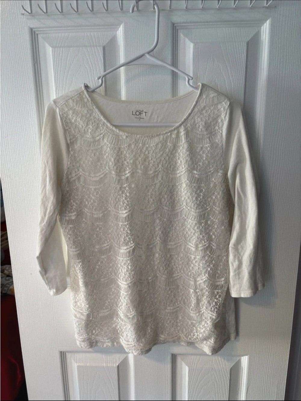 LOFT Cream Lace-Front Long Sleeve Tee